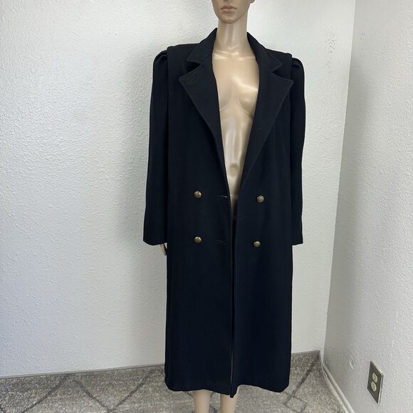 VTG 80s Michelle Francois Black Wool Long DoubleBreast Trench Coat Money Staple - Picture 7 of 14